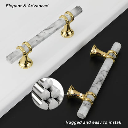 Comforsyco Marble Pattern T-Bar Cabinet Pulls with Gold Feet