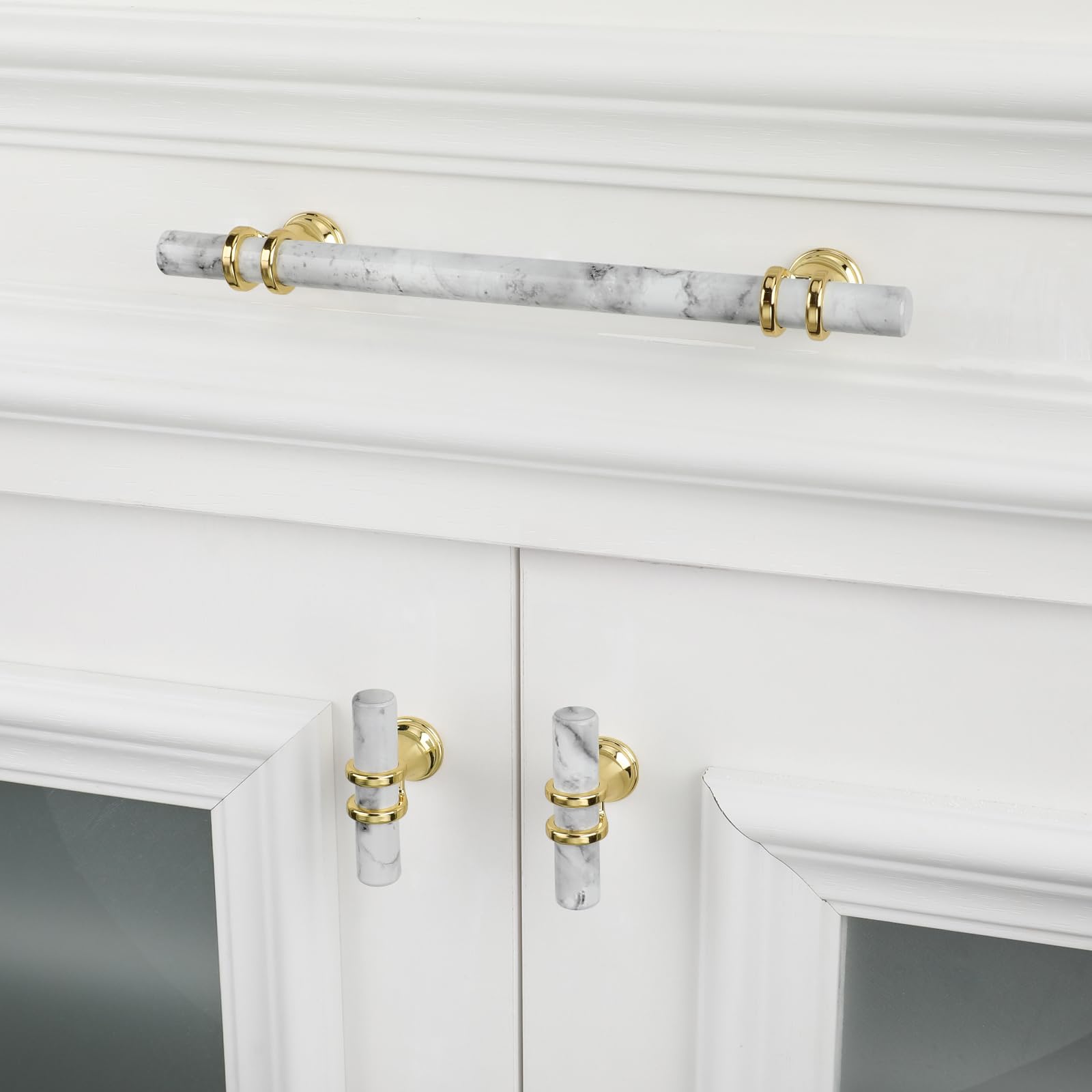 Comforsyco Marble Pattern T-Bar Cabinet Pulls with Gold Feet
