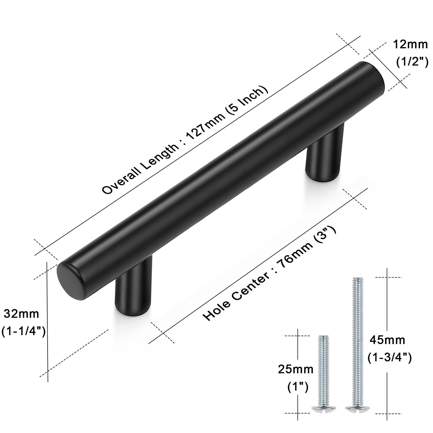Comforsyco Matte Black Euro-Style Cabinet Bar Pulls