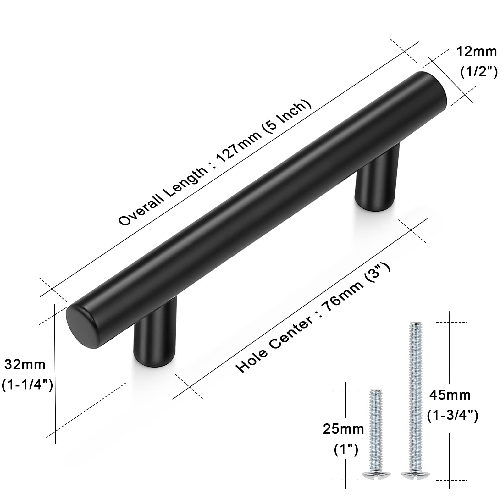 Comforsyco Matte Black Euro-Style Cabinet Bar Pulls