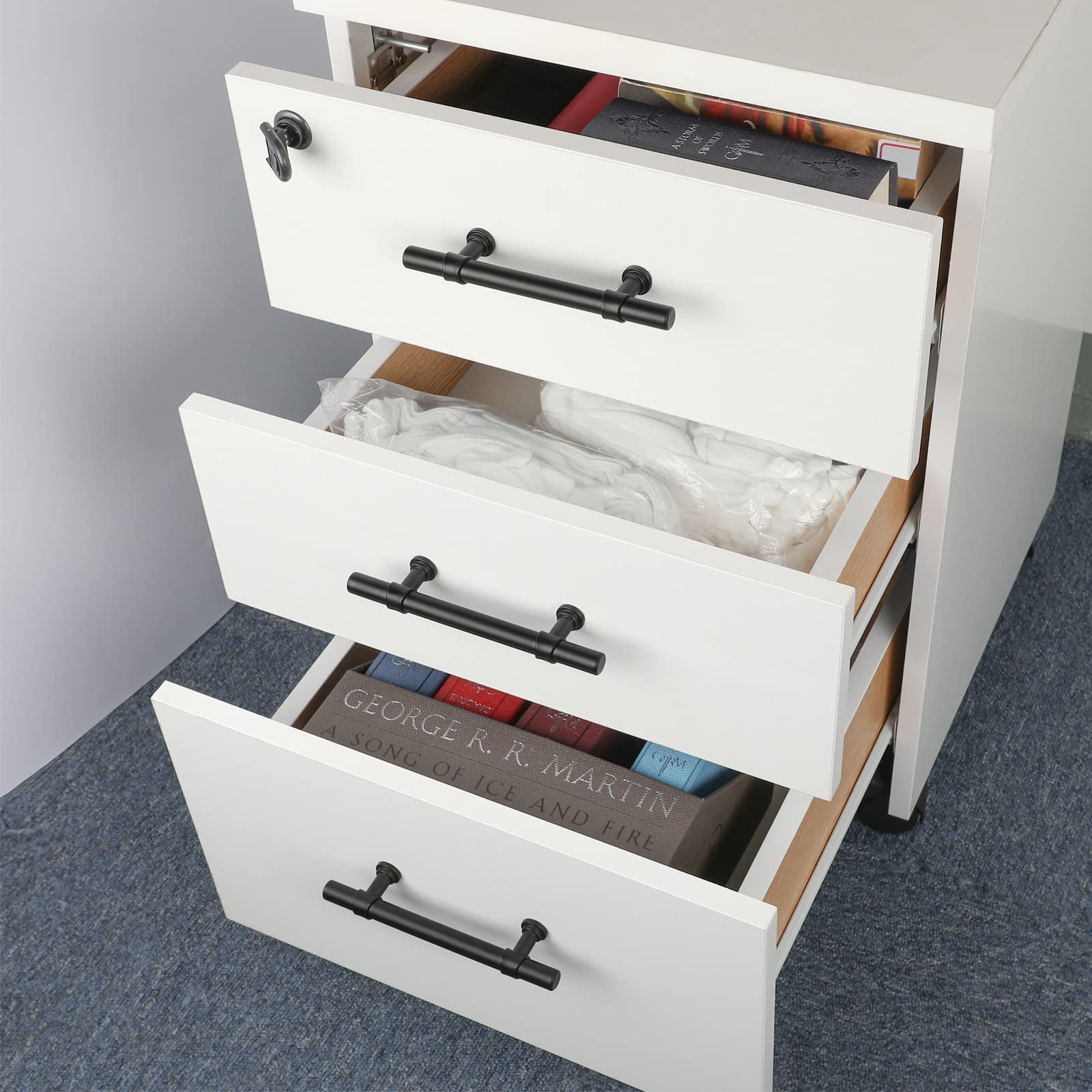 Comforsyco Matte Black Round Bar Cabinet Pulls and T-Bar Knobs