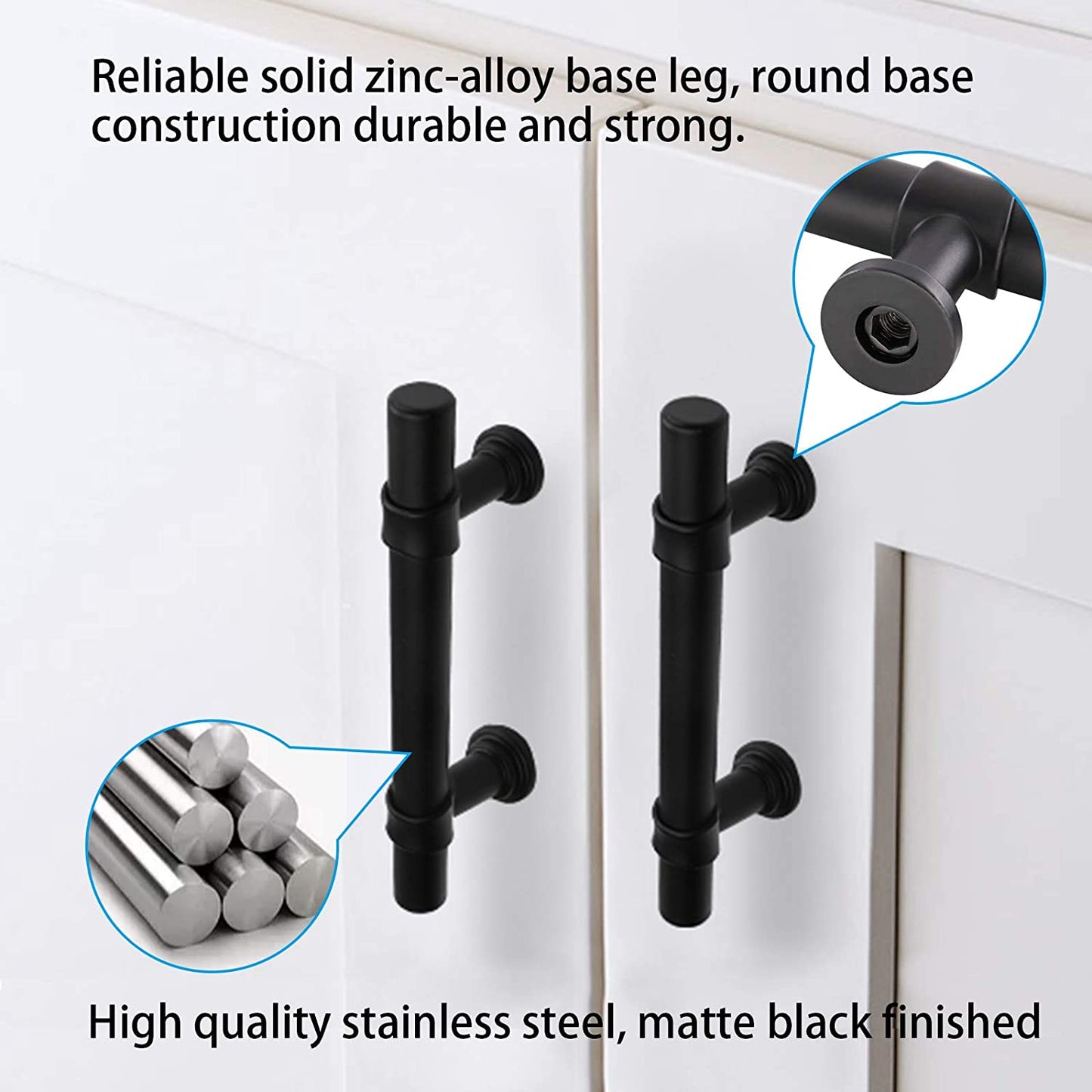 Comforsyco Matte Black Round Bar Cabinet Pulls and T-Bar Knobs