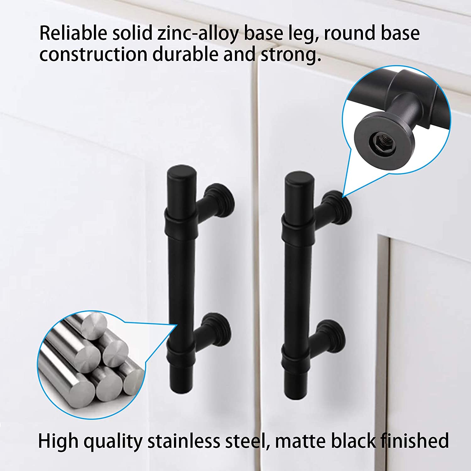 Comforsyco Matte Black Round Bar Cabinet Pulls and T-Bar Knobs