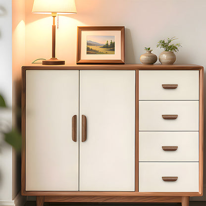 Low-profile walnut cabinet pull in black walnut with 96 mm centers, installed on a storage cabinet in a wider room view