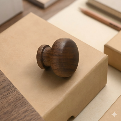 Walnut wood cabinet knob with a rounded face as a black walnut single-hole version, shown installed on a cabinet front