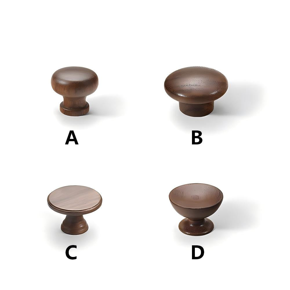 Low-profile walnut cabinet pull, displayed as a labeled lineup of available hardware styles