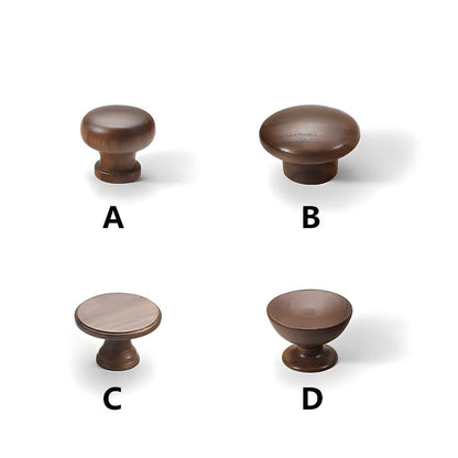 Low-profile walnut cabinet pull, displayed as a labeled lineup of available hardware styles