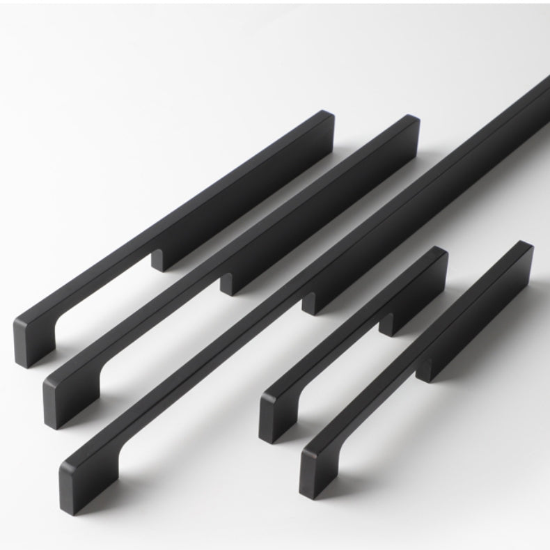 Slim rectangular aluminum cabinet pull, shown clearly as a color and finish lineup