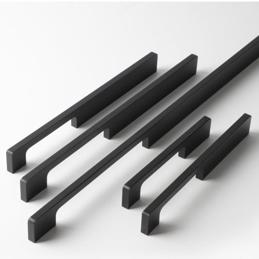 Slim rectangular aluminum cabinet pull, shown clearly as a color and finish lineup