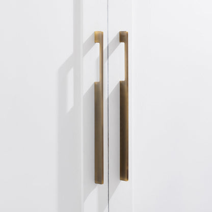 Bronze slim rectangular aluminum cabinet pull, shown clearly in an installed cabinet close-up