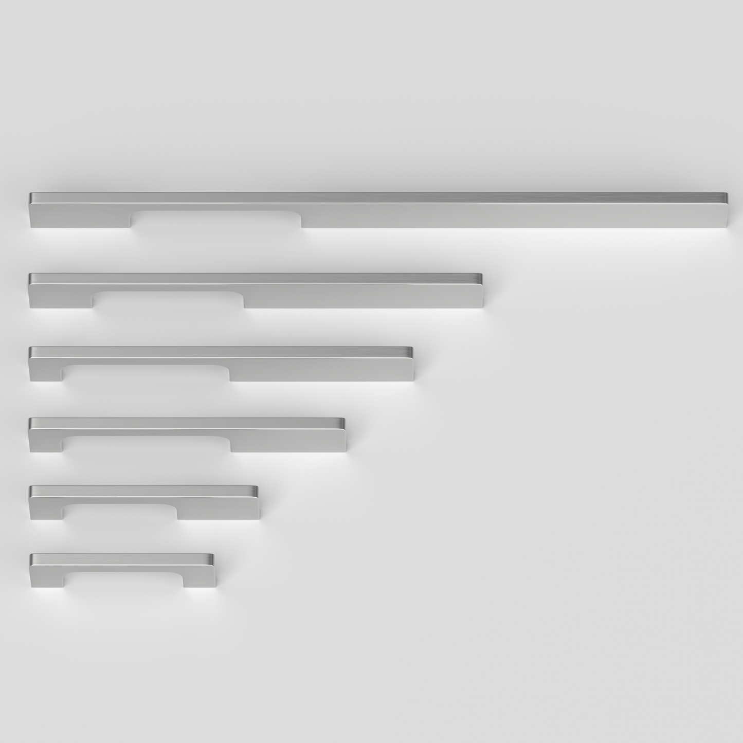 Brushed nickel slim rectangular aluminum cabinet pull, pictured in one view as a color and finish lineup