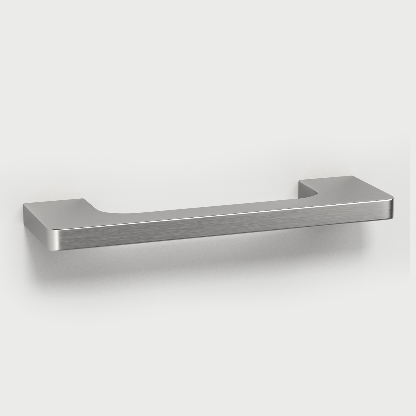 Brushed nickel slim rectangular aluminum cabinet pull, presented for reference on a clean neutral background