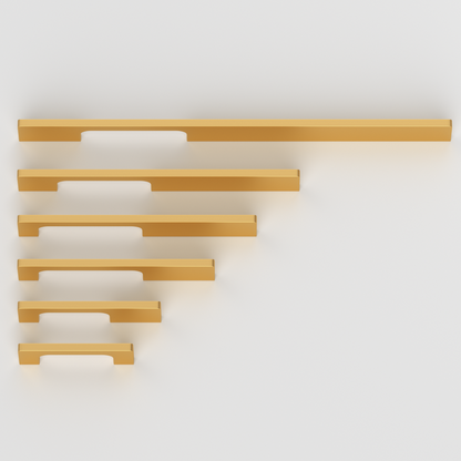 Gold slim rectangular aluminum cabinet pull, presented for reference as a color and finish lineup