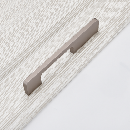 Antique nickel slim rectangular aluminum cabinet pull, displayed from the side on a clean neutral background