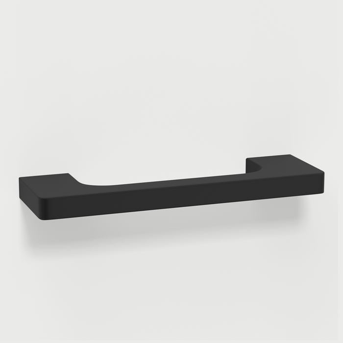 Black slim rectangular aluminum cabinet pull, shown clearly on a clean neutral background