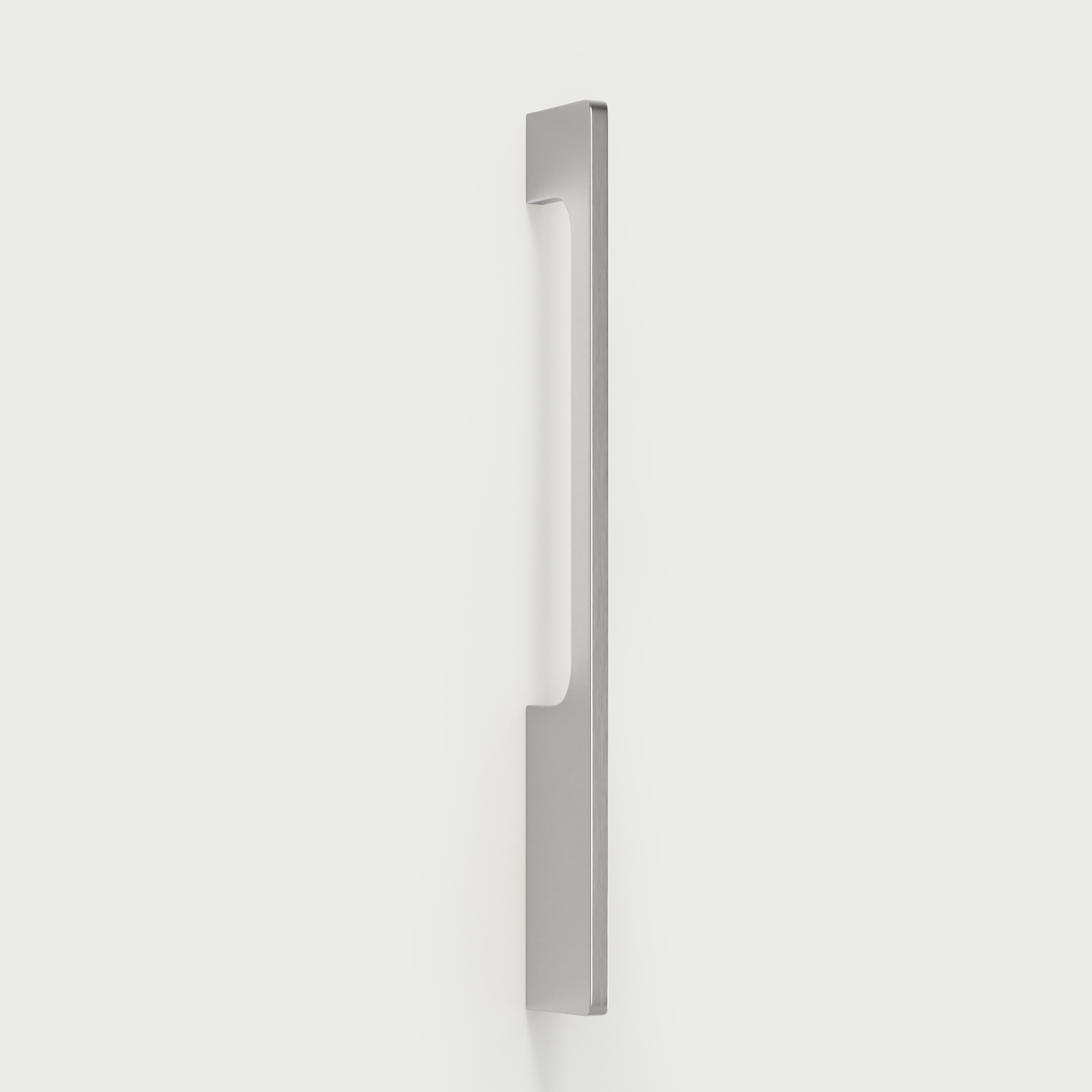 Brushed nickel slim rectangular aluminum cabinet pull, shown clearly with its shape and finish visible
