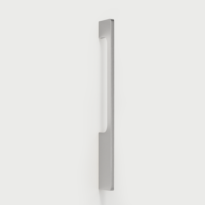 Brushed nickel slim rectangular aluminum cabinet pull, shown clearly with its shape and finish visible
