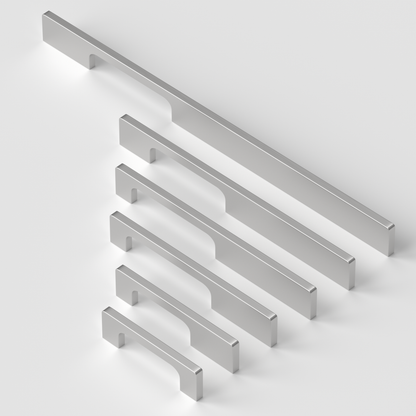 Brushed nickel slim rectangular aluminum cabinet pull, shown at close range as a color and finish lineup