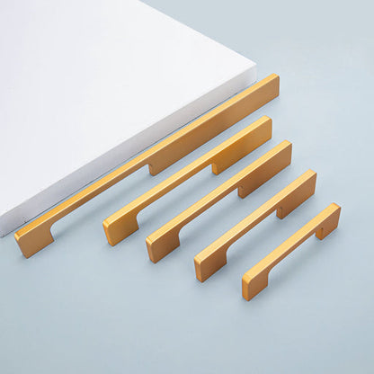 Gold slim rectangular aluminum cabinet pull, displayed from the side as a color and finish lineup