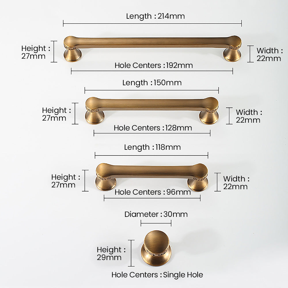 Traditional cabinet pull with flared mounts and knob, shown clearly with dimensions and centers labeled