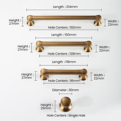 Traditional cabinet pull with flared mounts and knob, shown clearly with dimensions and centers labeled
