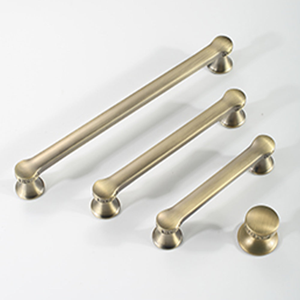 Traditional cabinet pull with flared mounts and knob, shown clearly as a color and finish lineup