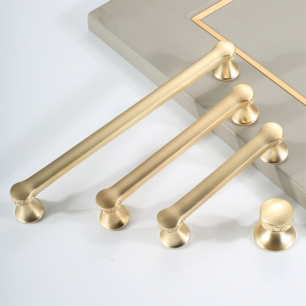 Traditional cabinet pull with flared mounts and knob, shown from one angle as a color and finish lineup