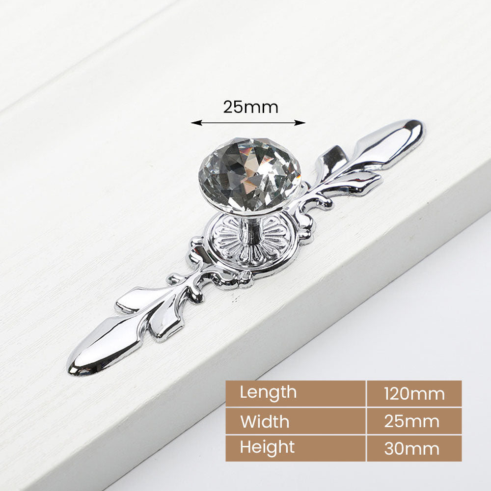 Faceted crystal cabinet knob with ornate leaf backplate, shown clearly with dimensions and centers labeled