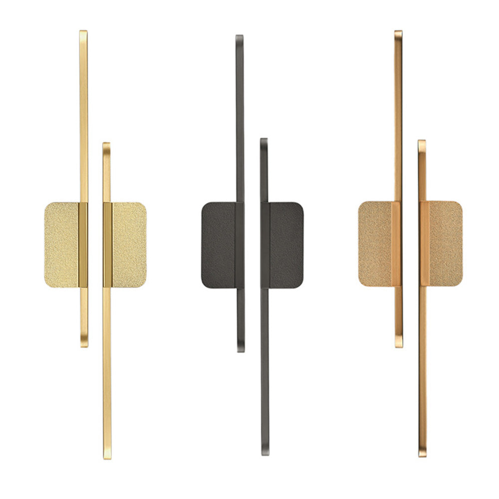 Long zinc cabinet pull with rectangular center plate, pictured in one view as a color and finish lineup