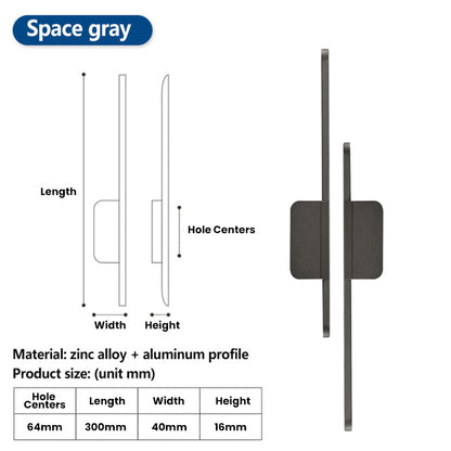 Long zinc cabinet pull with rectangular center plate, shown clearly with dimensions and centers labeled