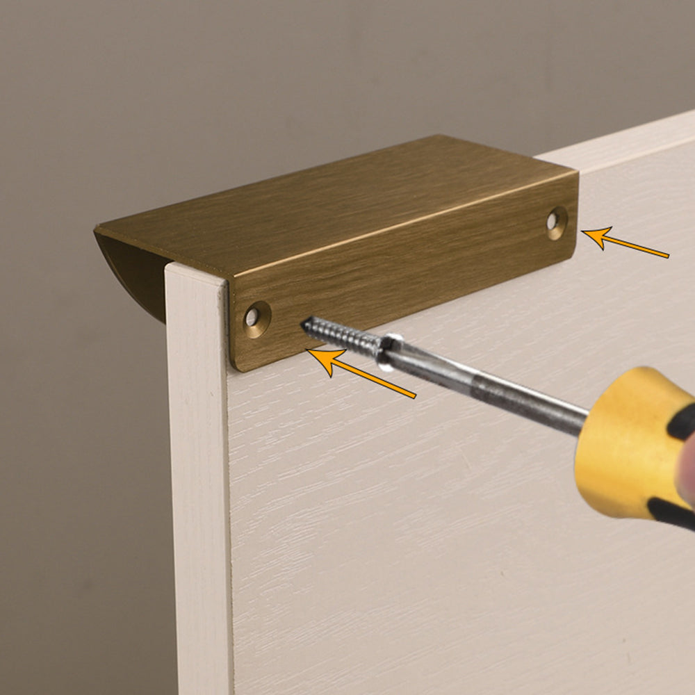 Half-moon cabinet edge pull, shown clearly with its construction and finish visible