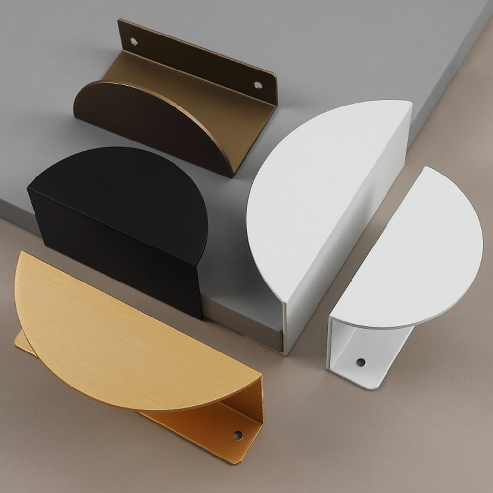 Half-moon cabinet edge pull, shown clearly as a color and finish lineup with the form and surface shown in useful detail