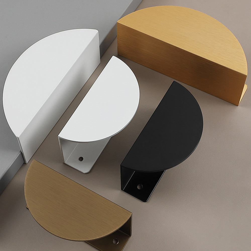 Half-moon cabinet edge pull, shown from one angle as a color and finish lineup with key hardware details visible