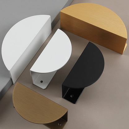Half-moon cabinet edge pull, shown from one angle as a color and finish lineup with key hardware details visible