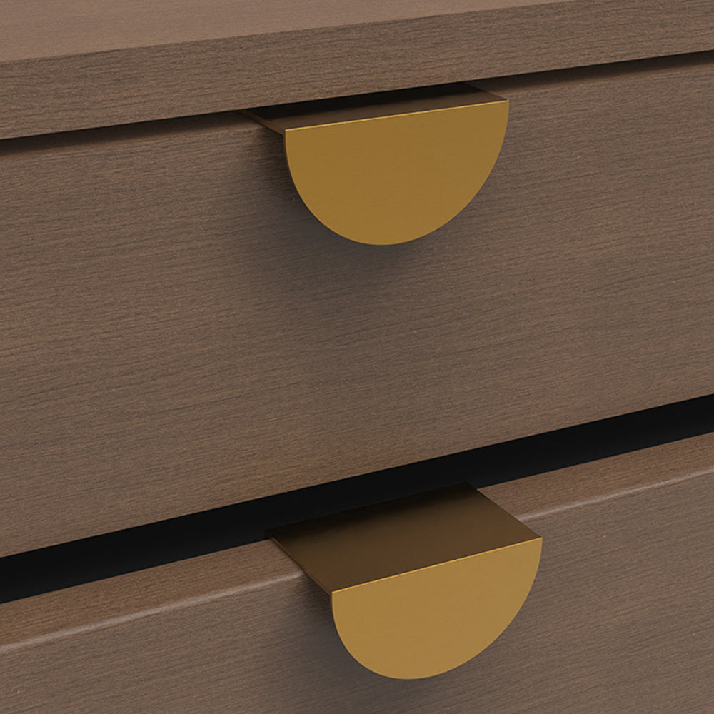 Gold half-moon cabinet edge pull, shown clearly installed on cabinetry in context