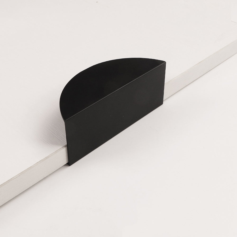 Half-moon cabinet edge pull, shown at close range on a clean neutral background with key hardware details visible
