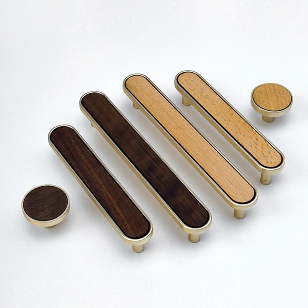 Natural wood inlay cabinet pull with a rounded metal frame, arranged together for a size and style comparison