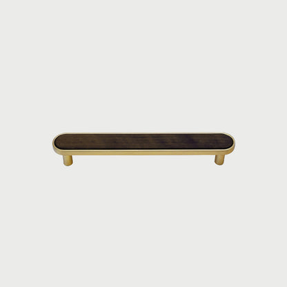Wood inlay cabinet pull in brown, shown alone at an angle on a light background, with its profile visible