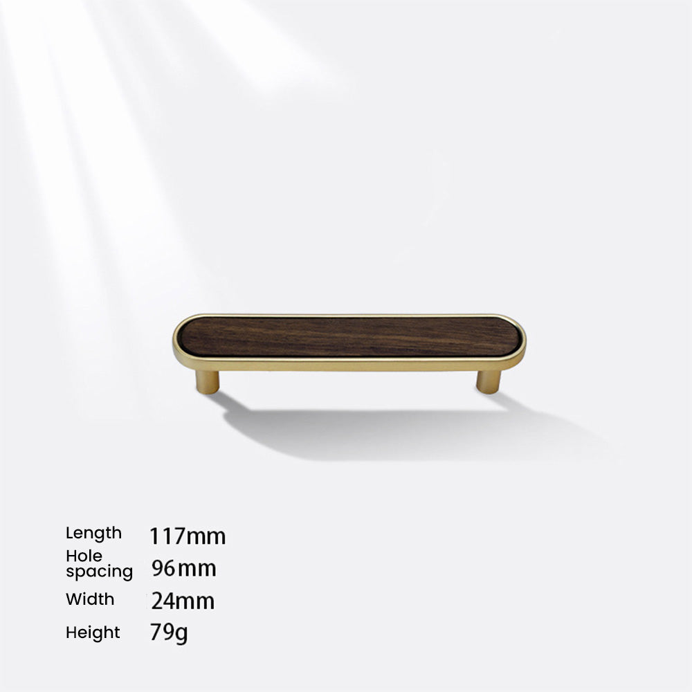 Natural wood inlay cabinet pull with a rounded metal frame, dimension diagram showing its overall size and hole spacing