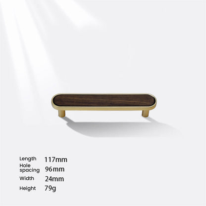 Natural wood inlay cabinet pull with a rounded metal frame, dimension diagram showing its overall size and hole spacing