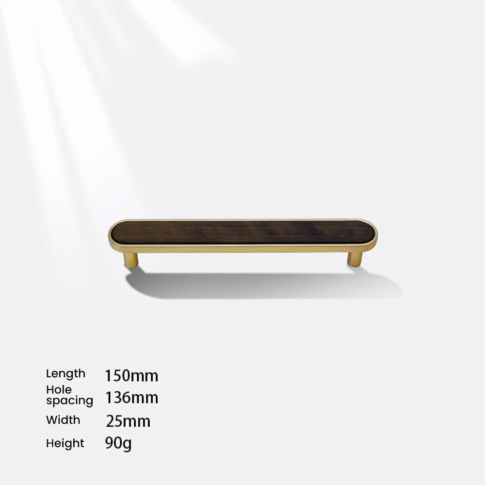 Natural wood inlay cabinet pull with a rounded metal frame, measurement diagram showing length, width, and projection