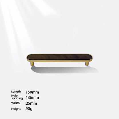 Natural wood inlay cabinet pull with a rounded metal frame, measurement diagram showing length, width, and projection