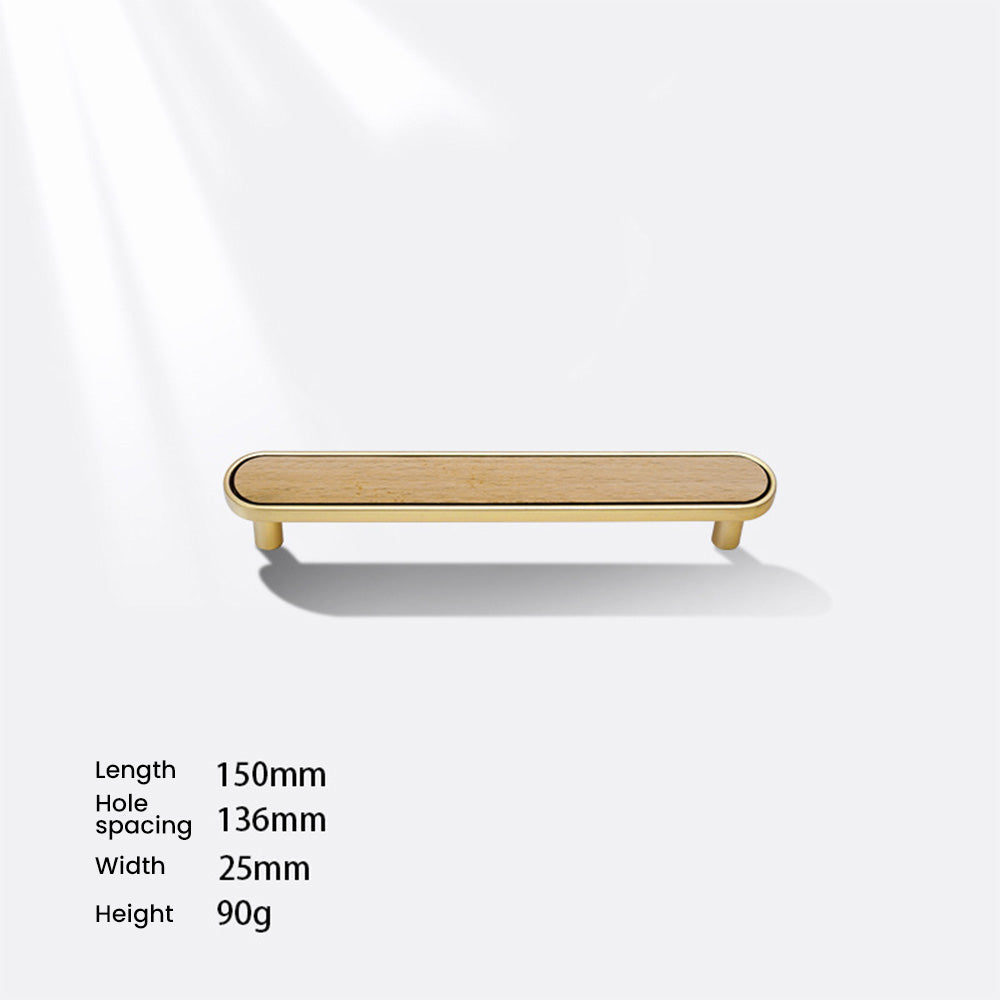 Wood inlay cabinet pull in khaki with 128 mm centers, shown from a close side angle against a plain surface