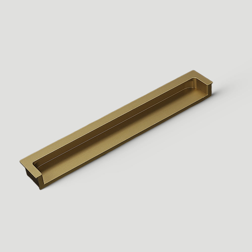 Concealed slotted cabinet pull, shown clearly on a clean neutral background with key hardware details visible