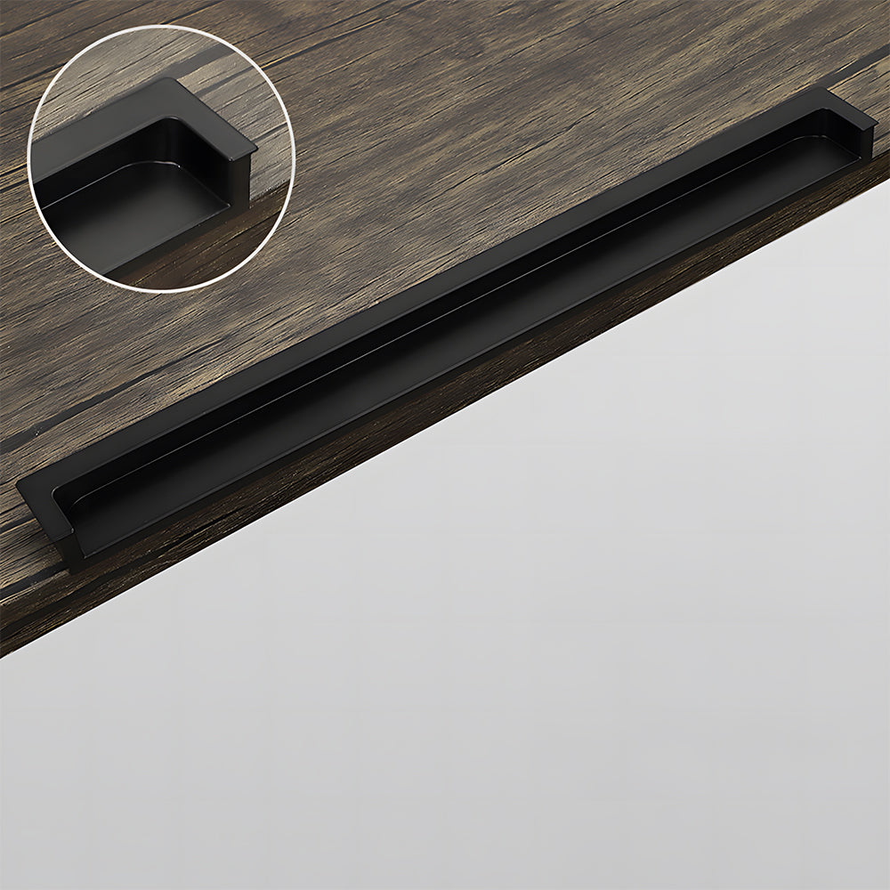 Black concealed slotted cabinet pull, displayed from the side with its construction and finish visible