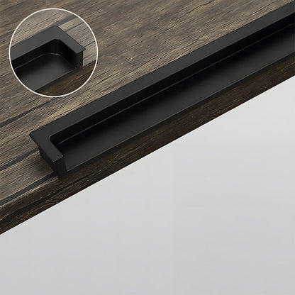 Black concealed slotted cabinet pull, shown clearly with the profile and attachment in view