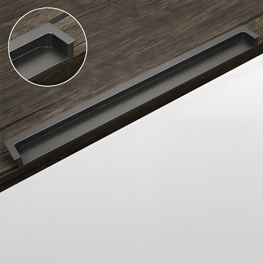Gray concealed slotted cabinet pull, shown from one angle with the profile and attachment in view