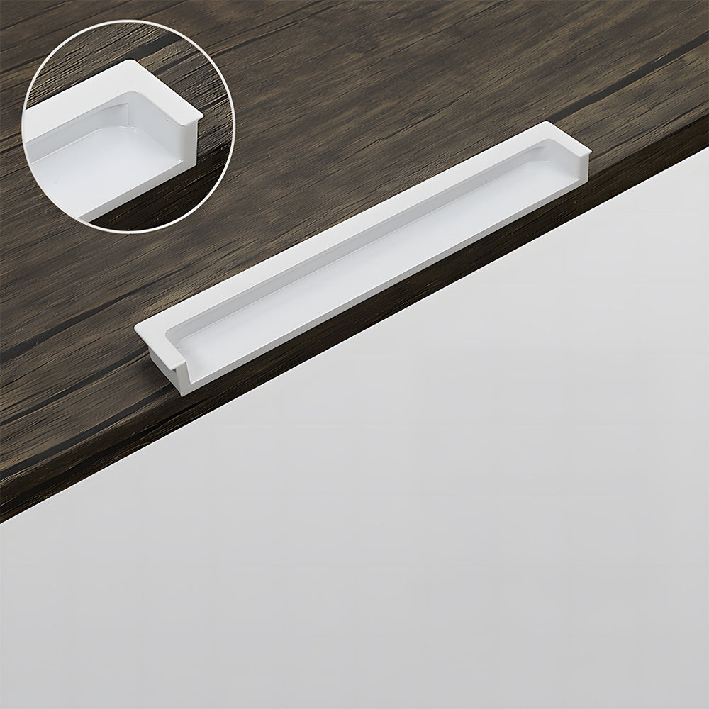 Concealed slotted cabinet pull, pictured in one view with the profile and attachment in view