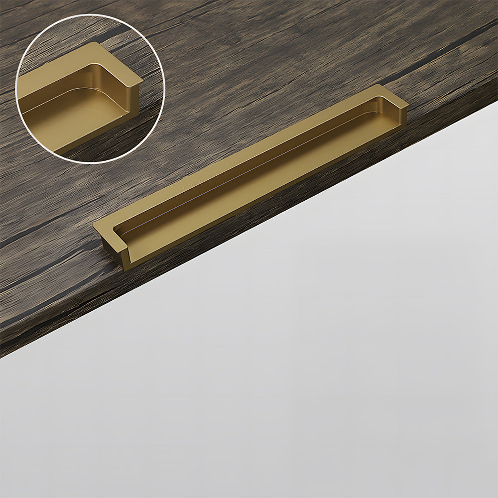 Concealed slotted cabinet pull, shown clearly with its construction and finish visible