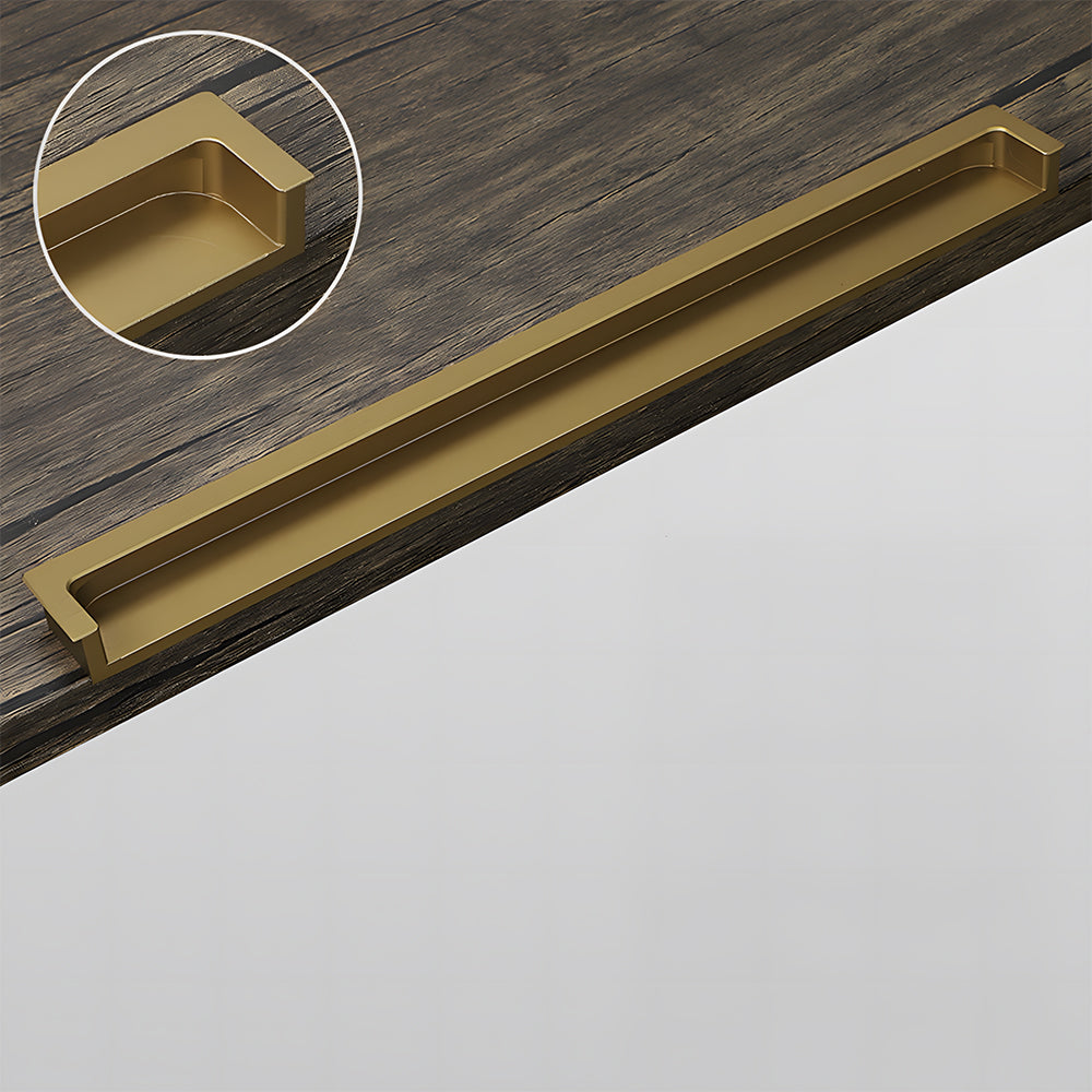 Concealed slotted cabinet pull, shown from one angle with its construction and finish visible